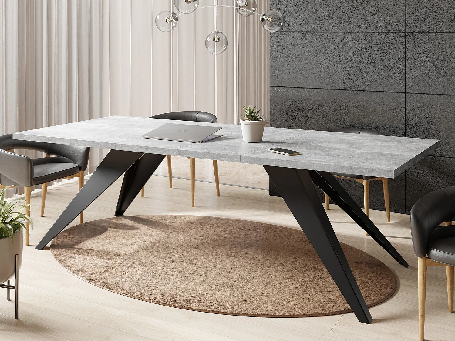 Table à Manger Vance Style Moderne - Table Rectangulaire Extensible de 160 à 260 cm, Pieds en Métal Noir Revêtement Poudre - 160 x 90 cm - Béton Gris