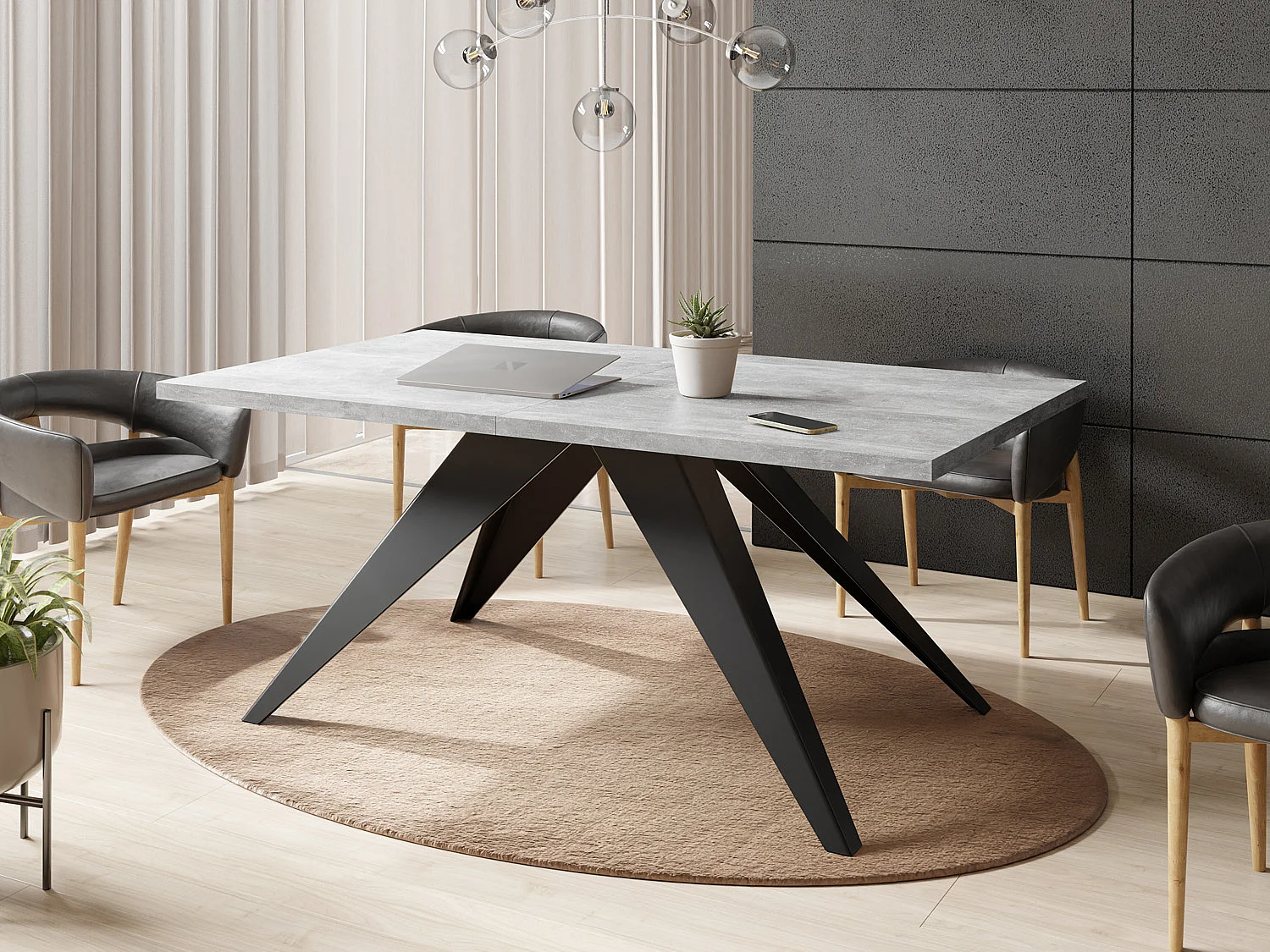Table à Manger Vance Style Moderne - Table Rectangulaire Extensible de 160 à 260 cm, Pieds en Métal Noir Revêtement Poudre - 160 x 90 cm - Béton Gris