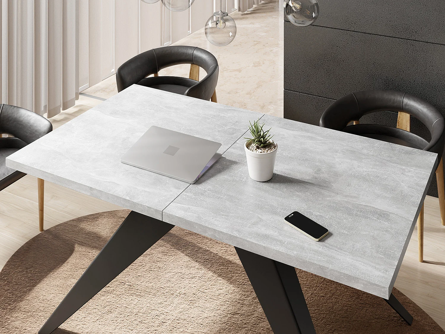 Table à Manger Vance Style Moderne - Table Rectangulaire Extensible de 160 à 260 cm, Pieds en Métal Noir Revêtement Poudre - 160 x 90 cm - Béton Gris