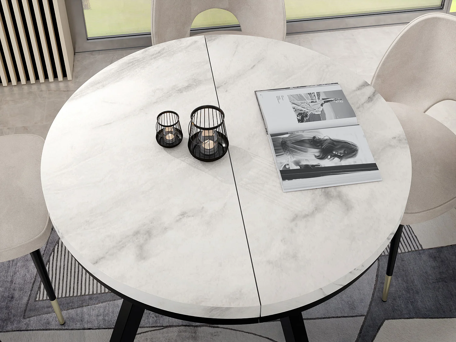 Table à Manger Extensible Ronde Designer - Style Loft, Peu Encombrant -  Pieds Blanc - 100 à 200 cm - Pour 5-10 personnes - Fabriqué en UE - Marbre Blanc - 200 cm