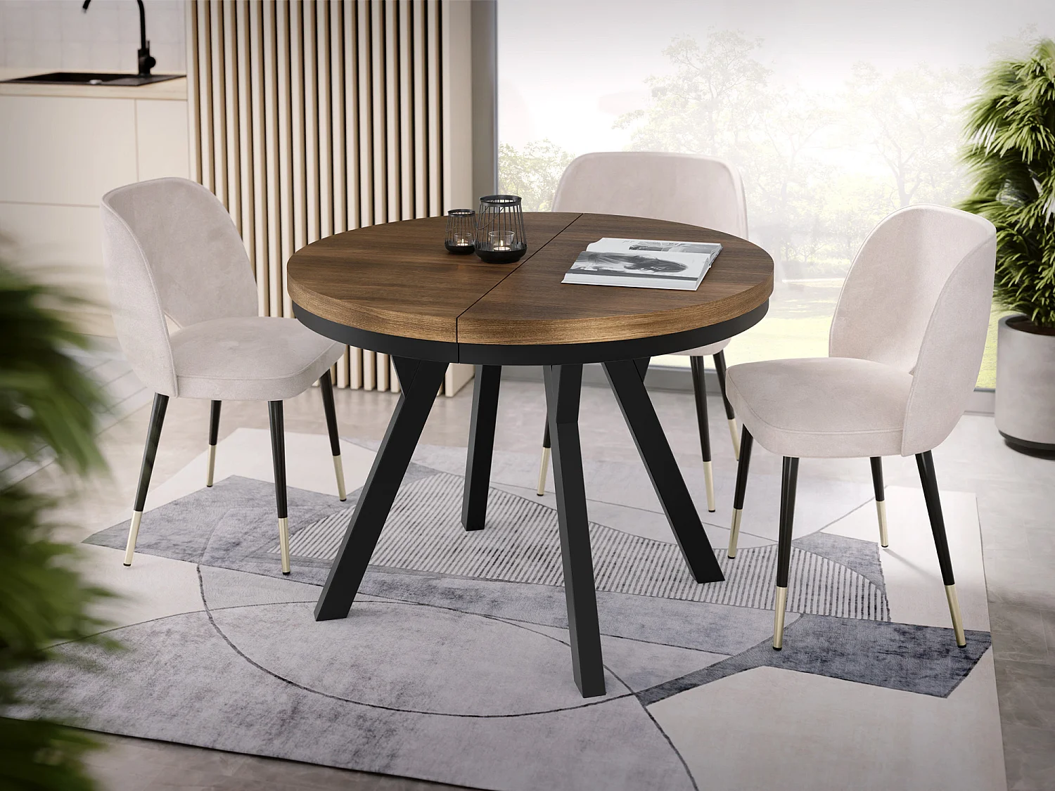 Table à Manger Extensible Ronde Designer - Style Loft, Peu Encombrant -  Pieds Noirs - 100 à 200 cm - Pour 5-10 personnes - Fabriqué en UE - Arvadonna - 200 cm