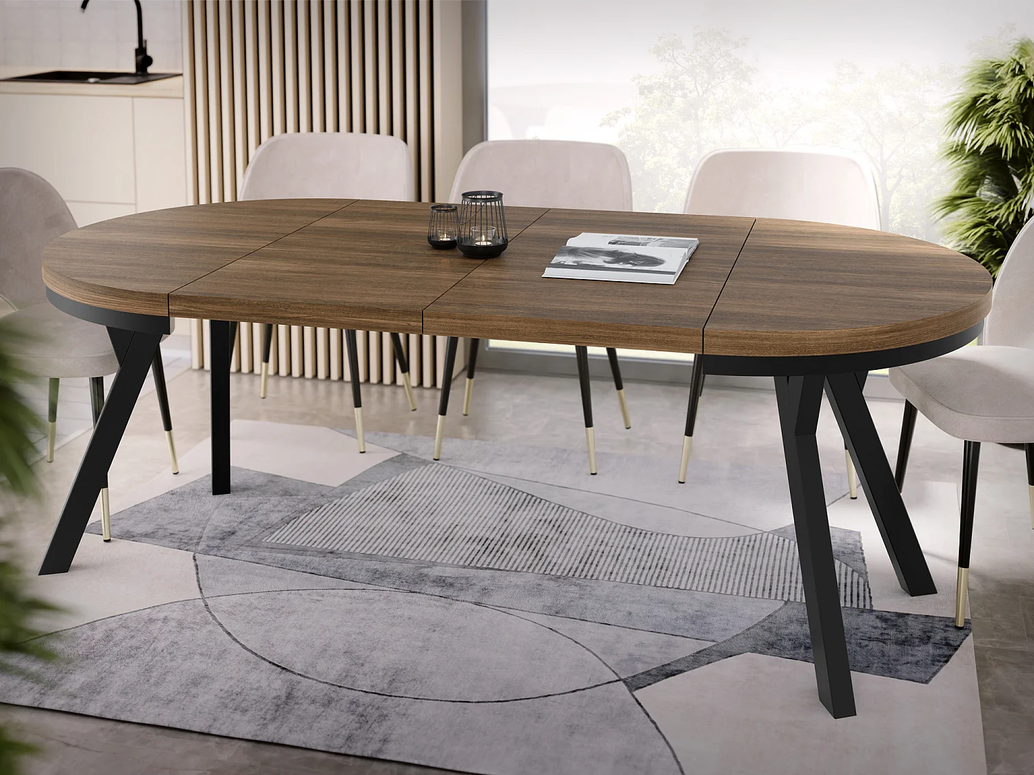 Table à Manger Extensible Ronde Designer - Style Loft, Peu Encombrant -  Pieds Noirs - 100 à 200 cm - Pour 5-10 personnes - Fabriqué en UE - Arvadonna - 200 cm