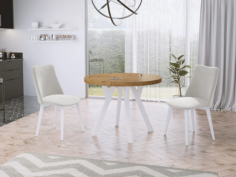 Table à Manger Extensible Ronde Designer - Style Loft, Peu Encombrant - Pieds Blanc - 100 à 150 cm - pour 5-8 personnes - Fabriqué en UE - Chêne Lancelot - 150 cm