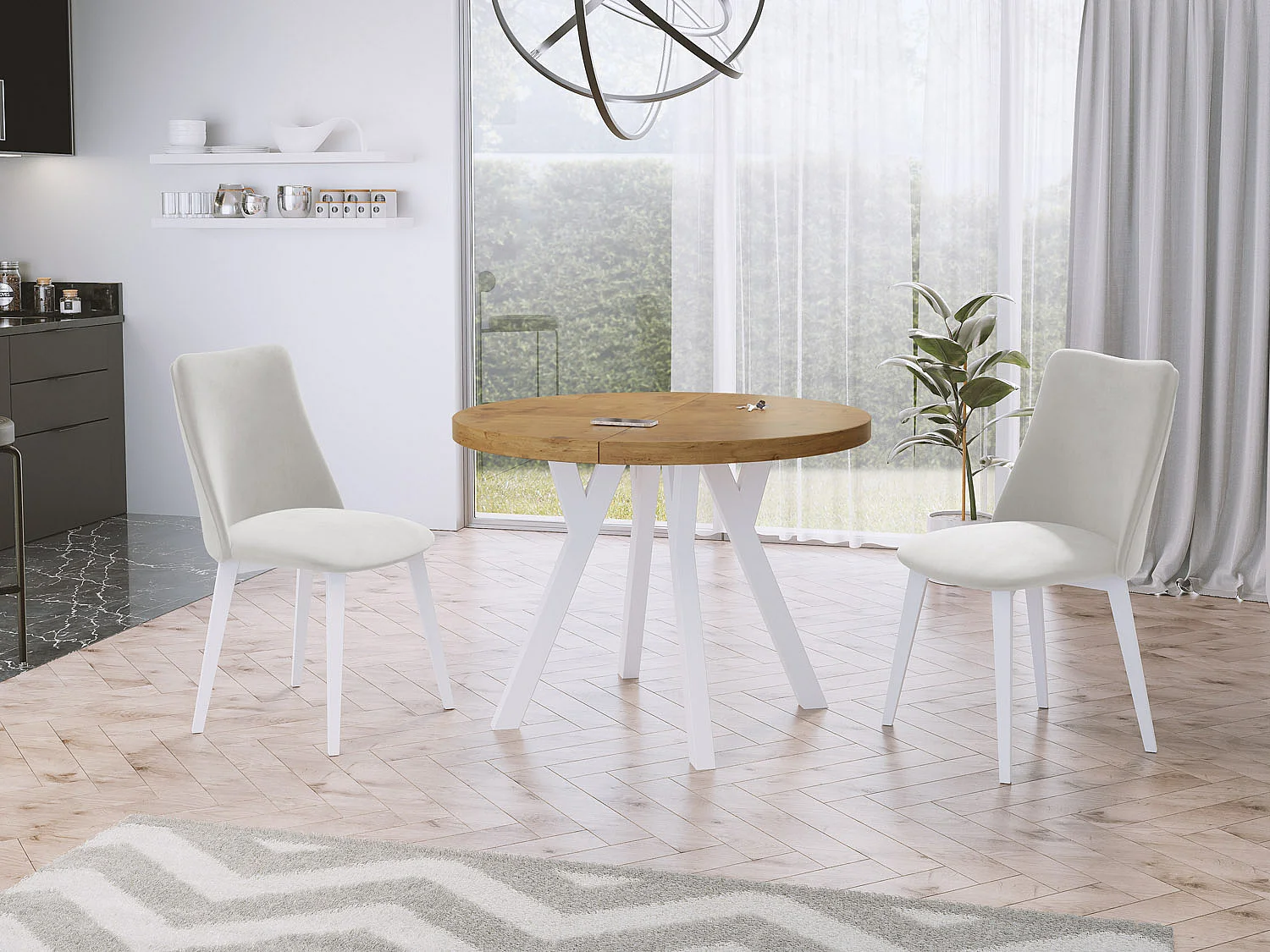 Table à Manger Extensible Ronde Designer - Style Loft, Peu Encombrant - Pieds Blanc - 100 à 150 cm - pour 5-8 personnes - Fabriqué en UE - Chêne Lancelot - 150 cm
