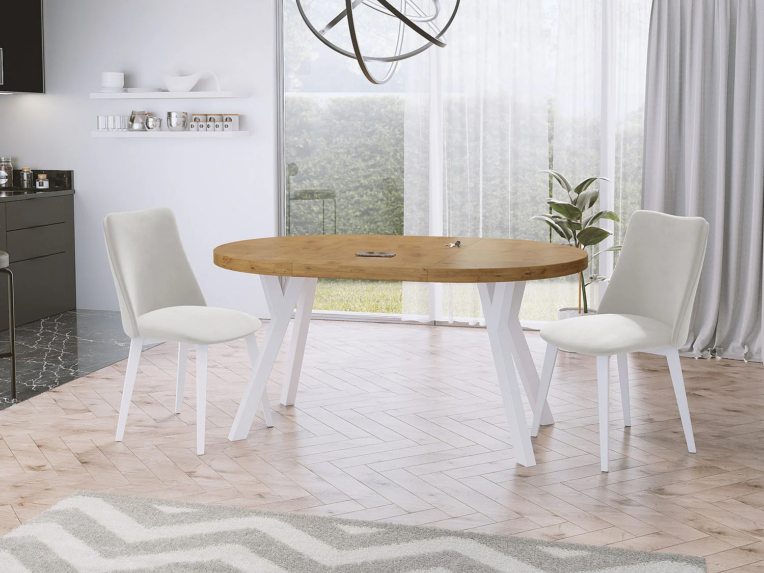 Table à Manger Extensible Ronde Designer - Style Loft, Peu Encombrant - Pieds Blanc - 100 à 150 cm - pour 5-8 personnes - Fabriqué en UE - Chêne Lancelot - 150 cm