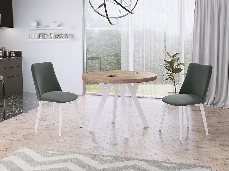 Table à Manger Extensible Ronde Designer - Style Loft, Peu Encombrant -  Pieds Blanc - 90 à 170 cm - Pour 4-8 personnes - Fabriqué en UE - Chêne Sonoma - 170 cm