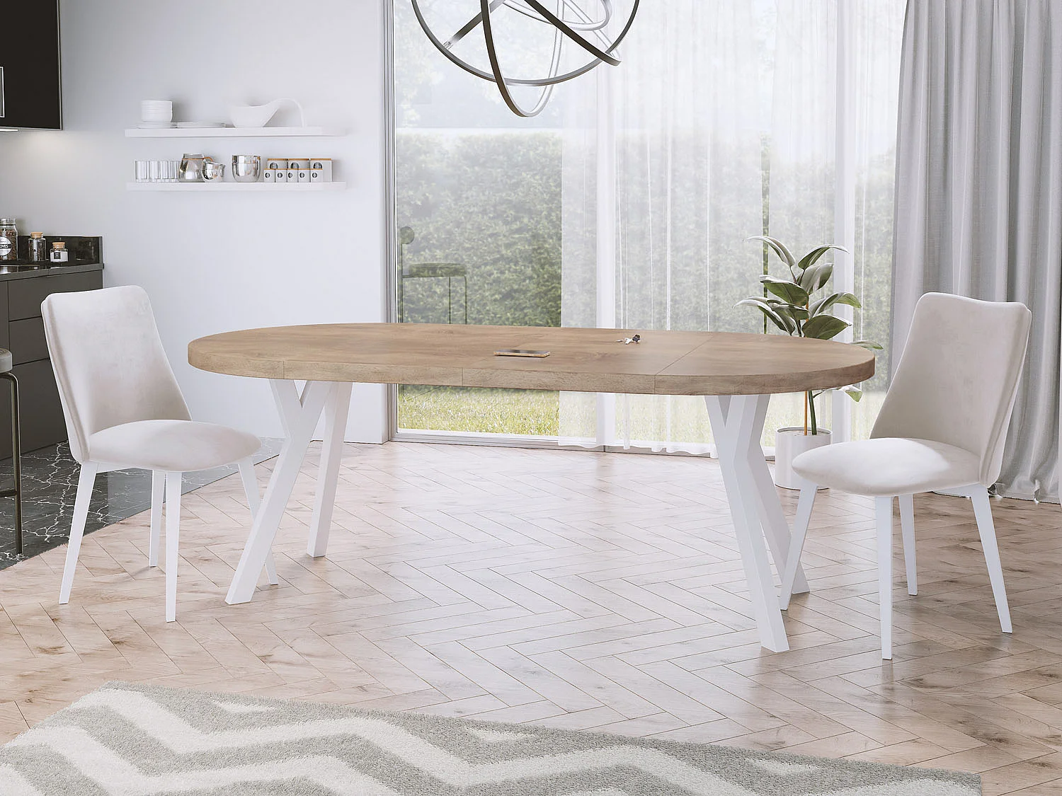 Table à Manger Extensible Ronde Designer - Style Loft, Peu Encombrant -  Pieds Blanc - 90 à 170 cm - Pour 4-8 personnes - Fabriqué en UE - Chêne Sonoma - 170 cm