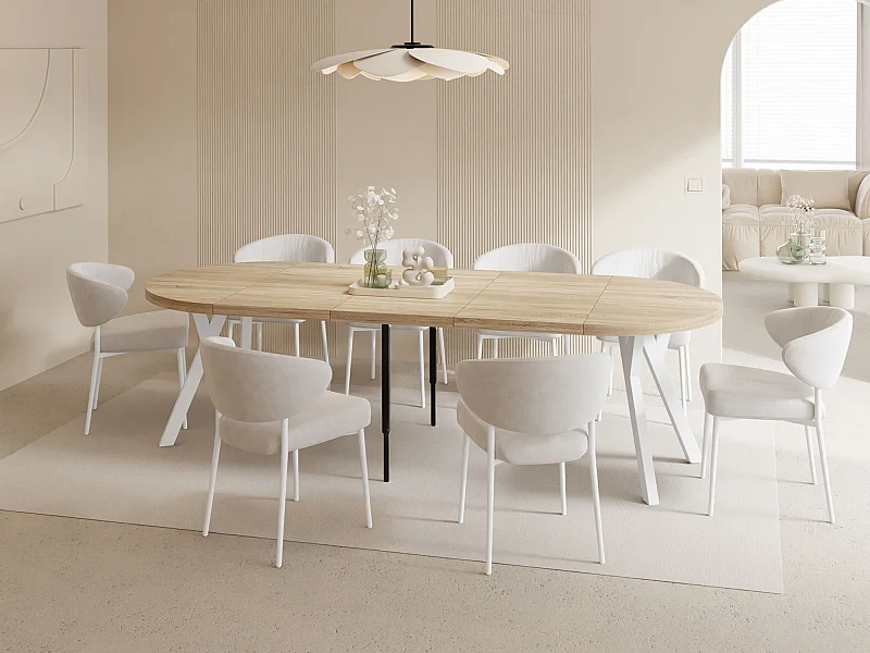 Table à Manger Ronde Extensible XXL Style Loft – 100 à 250cm – Grande Table avec Pieds en Bois Blanc – Table Extra Longue pour 5 à 14 Personnes – Chêne Marron Clair