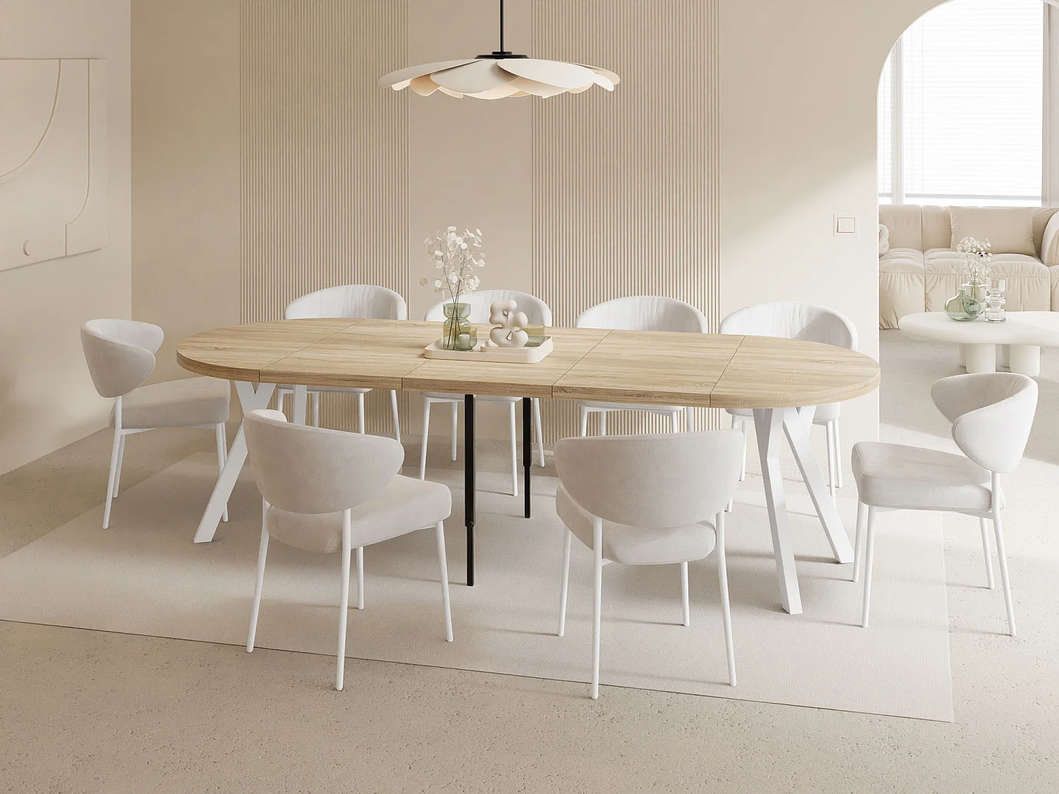 Table à Manger Ronde Extensible XXL Style Loft – 100 à 250cm – Grande Table avec Pieds en Bois Blanc – Table Extra Longue pour 5 à 14 Personnes – Chêne Marron Clair