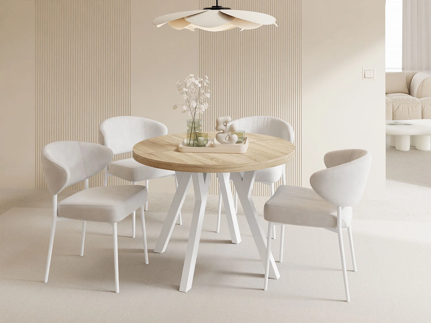 Table à Manger Ronde Extensible XXL Style Loft – 100 à 250cm – Grande Table avec Pieds en Bois Blanc – Table Extra Longue pour 5 à 14 Personnes – Chêne Marron Clair