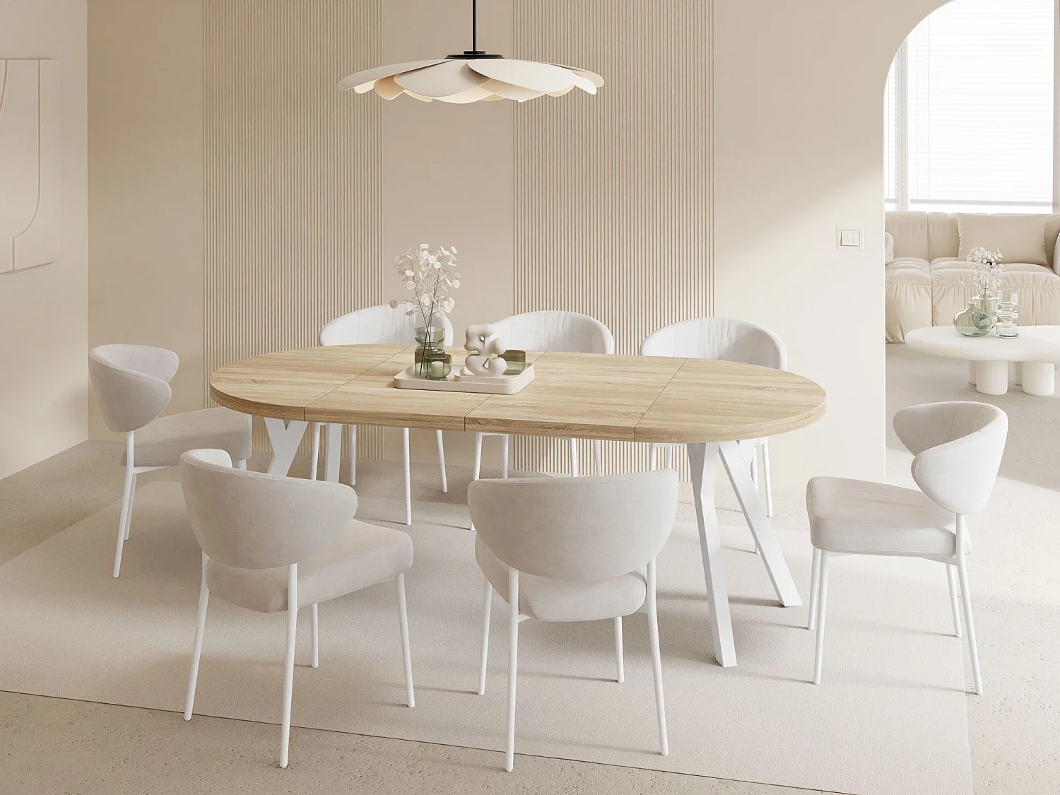 Table à Manger Ronde Extensible XXL Style Loft – 100 à 250cm – Grande Table avec Pieds en Bois Blanc – Table Extra Longue pour 5 à 14 Personnes – Chêne Marron Clair