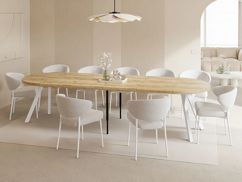 Table à Manger Ronde Extensible XXL Style Loft – 100 à 300cm – Grande Table avec Pieds en Bois Blanc – Table Extra Longue pour 5 à 16 Personnes – Chêne Marron Clair