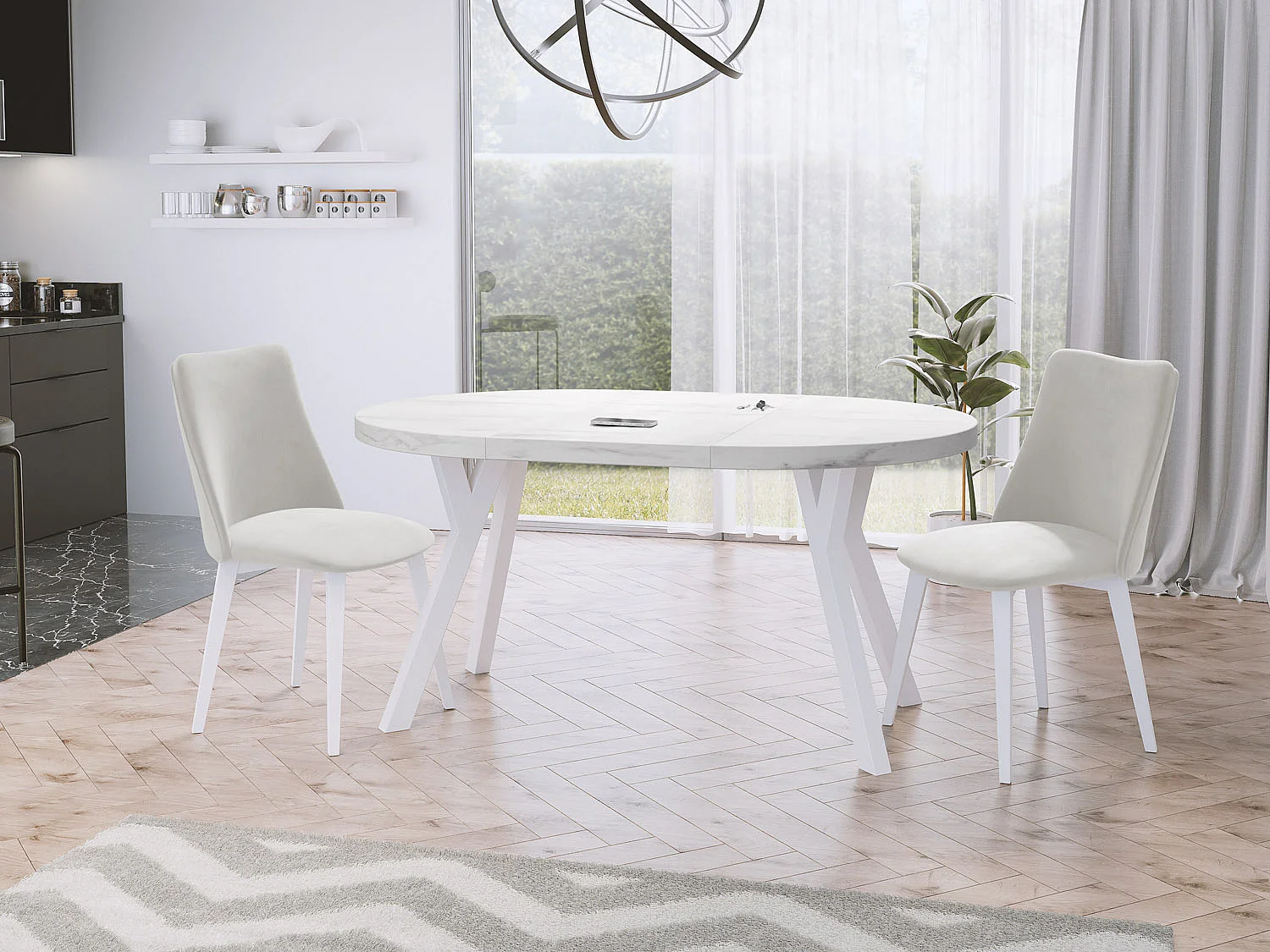 Table à Manger Extensible Ronde Designer - Style Loft, Peu Encombrant -  Pieds Blancs - 100 à 150 cm - Pour 5-8 personnes - Fabriqué en UE - Marbre Blanc - 150 cm