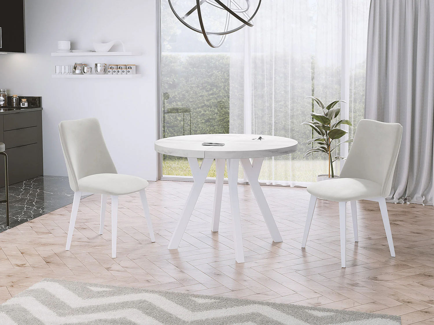 Table à Manger Extensible Ronde Designer - Style Loft, Peu Encombrant -  Pieds Blancs - 100 à 150 cm - Pour 5-8 personnes - Fabriqué en UE - Marbre Blanc - 150 cm