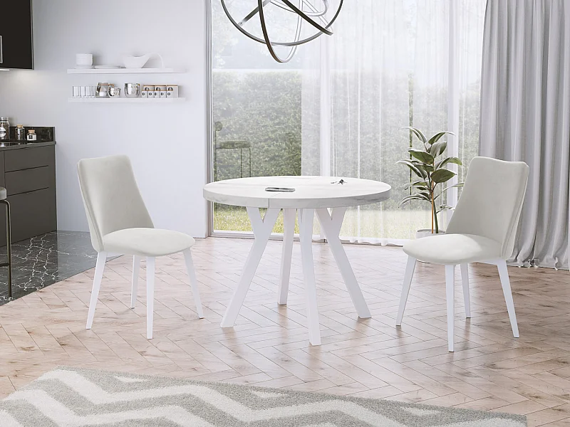Table à Manger Extensible Ronde Designer - Style Loft, Peu Encombrant -  Pieds Blancs - 100 à 150 cm - Pour 5-8 personnes - Fabriqué en UE - Marbre Blanc - 150 cm