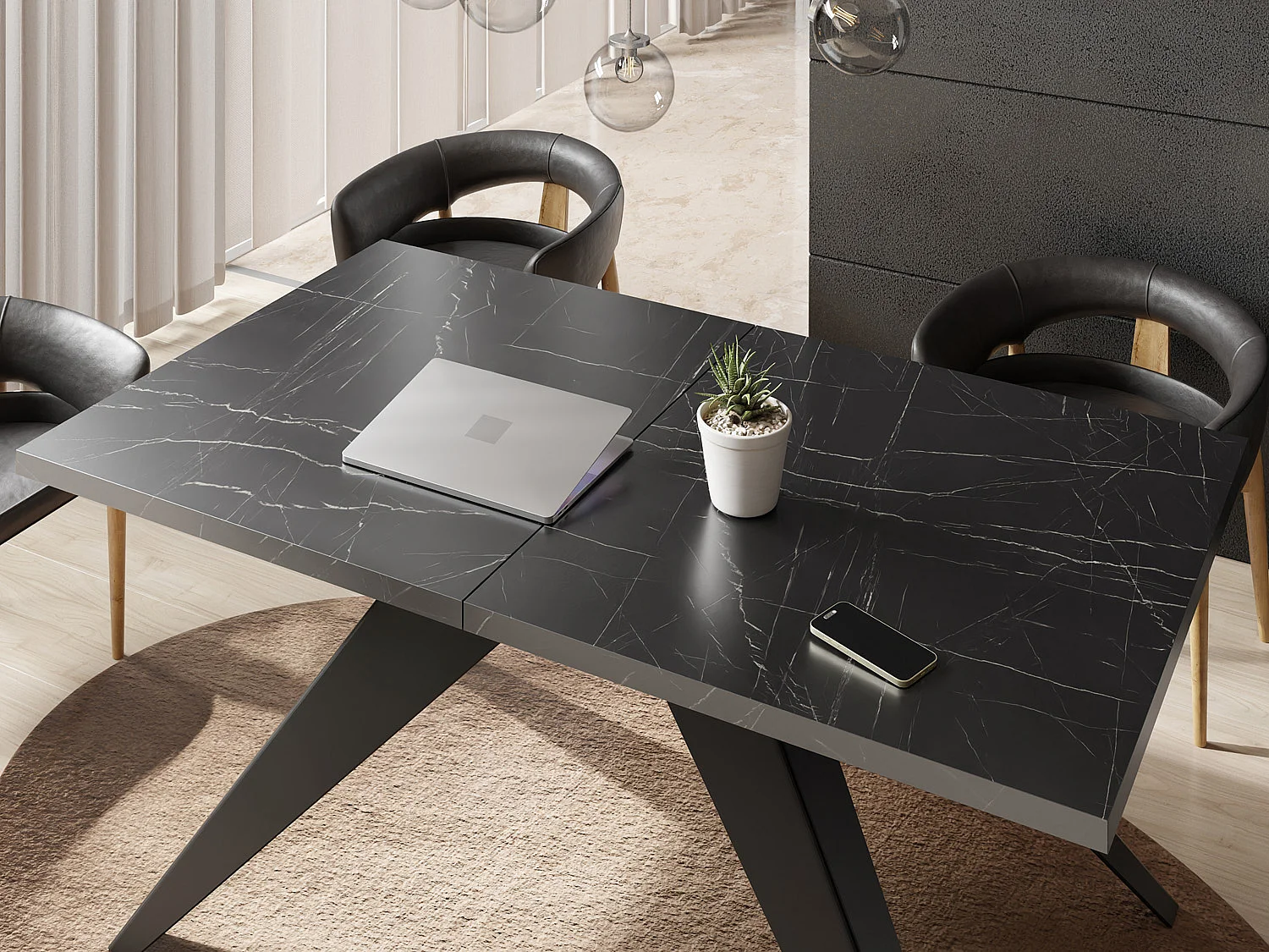 Table à Manger Vance Style Moderne - Table Rectangulaire Extensible de 140 à 240 cm, Pieds en Métal Noir Revêtement Poudre - 140 x 80 cm - Marbre Noir