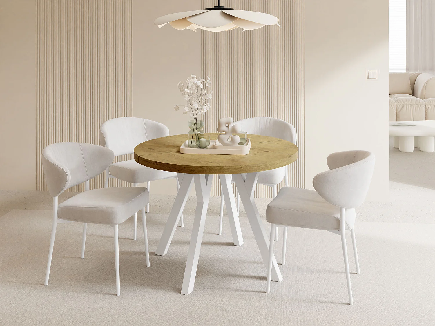 Table à Manger Ronde Extensible XXL Style Loft – 100 à 250cm – Grande Table avec Pieds en Bois Blanc – Table Extra Longue pour 5 à 14 Personnes – Chêne Marron Clair