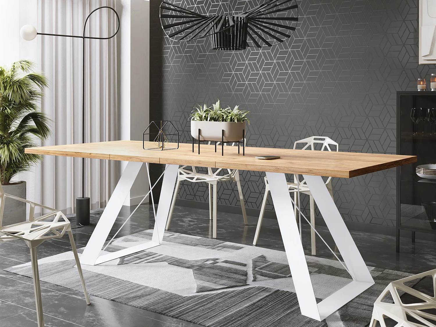 Table à Manger Rectangulaire Extensible avec Cadre Métallique Noir – Table Économiseuse d'Espace Style Loft pour Salon – Chêne Craft avec Pieds Métalliques Noirs...