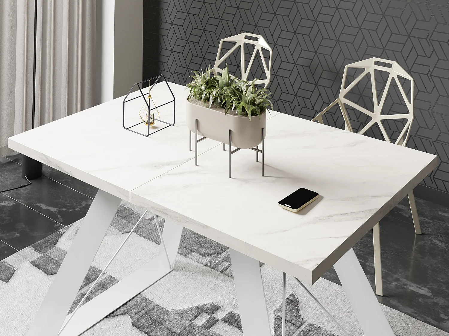Table à Manger Rectangulaire Extensible avec Cadre Métallique Noir – Table Économiseuse d'Espace Style Loft pour Salon – Blanc avec Pieds Métalliques Noirs – 160...