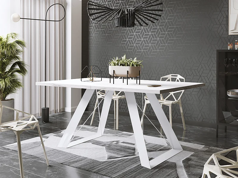 Table à Manger Rectangulaire Extensible avec Cadre Métallique Noir – Table Économiseuse d'Espace Style Loft pour Salon – Blanc avec Pieds Métalliques Noirs – 160...