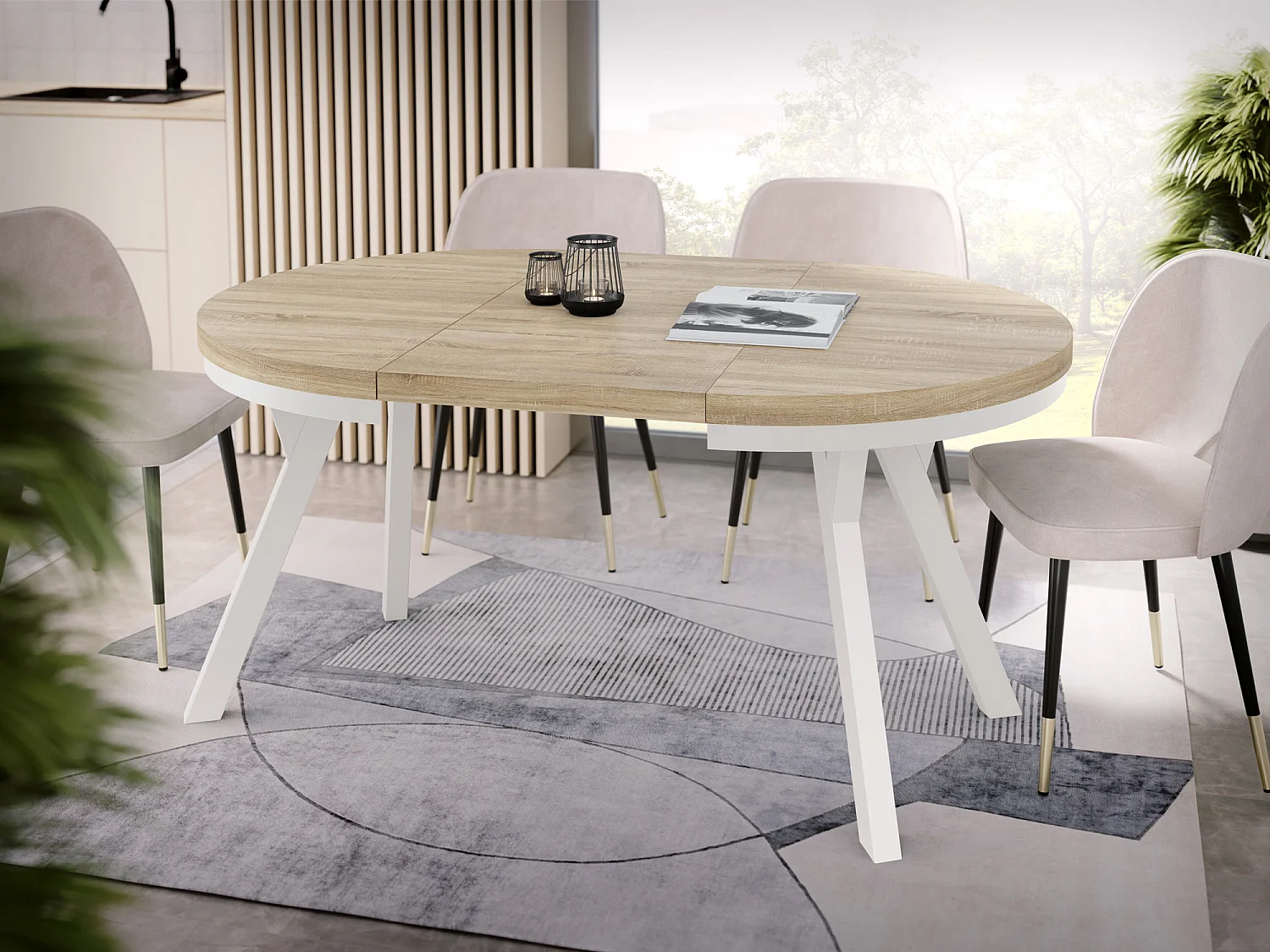 Table à Manger Extensible Ronde Designer - Style Loft, Peu Encombrant -  Pieds Blanc - 100 à 150 cm - Pour 5-8 personnes - Fabriqué en UE - Chêne Sonoma - 150 cm