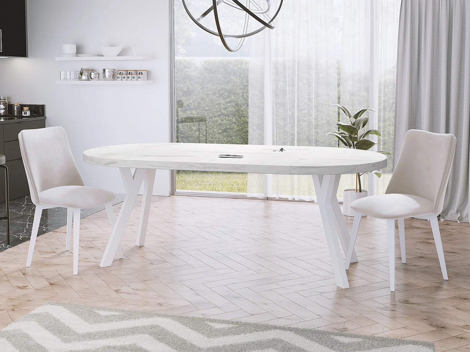 Table à Manger Extensible Ronde Designer - Style Loft, Peu Encombrant -  Pieds Blanc - 90 à 170 cm - Pour 4-8 personnes - Fabriqué en UE - Marbre Blanc - 170 cm