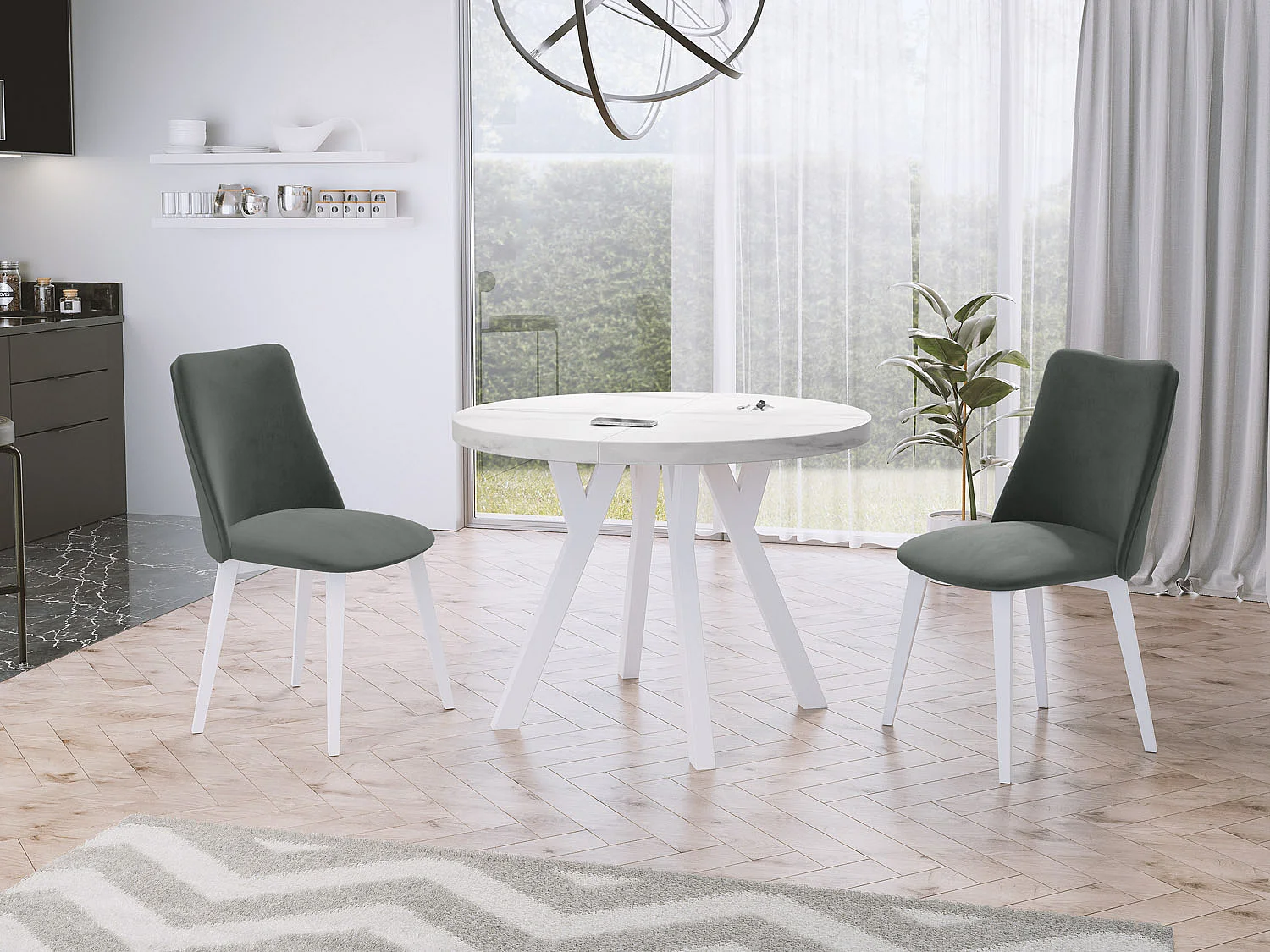 Table à Manger Extensible Ronde Designer - Style Loft, Peu Encombrant -  Pieds Blanc - 90 à 170 cm - Pour 4-8 personnes - Fabriqué en UE - Marbre Blanc - 170 cm