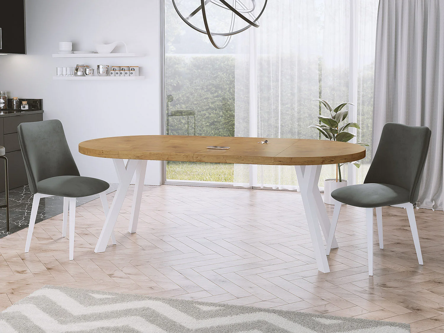 Table à Manger Extensible Ronde Designer - Style Loft, Peu Encombrant - Pieds Blanc - 100 à 200 cm - pour 5-10 personnes - Fabriqué en UE - Chêne Lancelot - 200 cm
