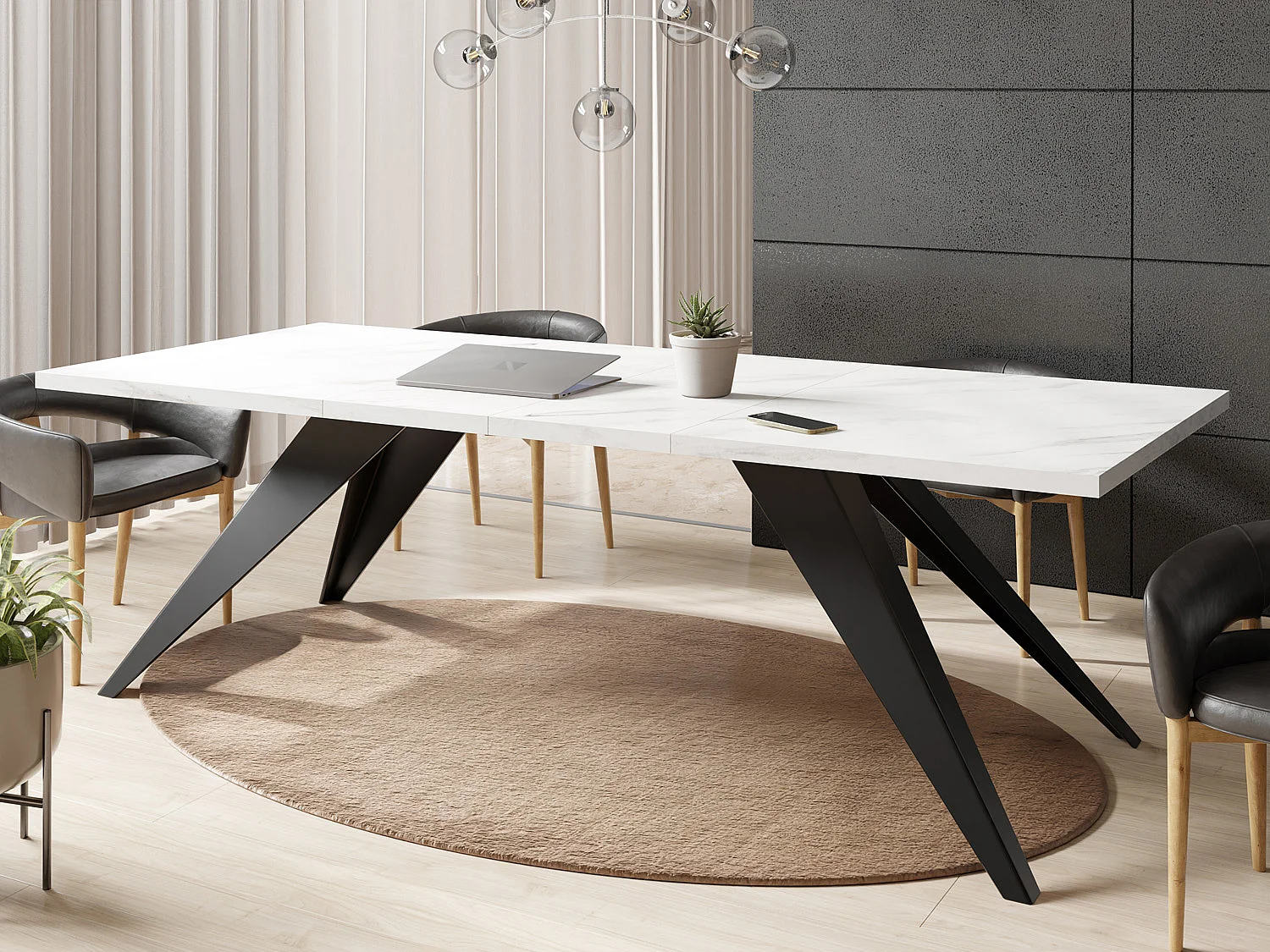 Table à Manger Vance Style Moderne - Table Rectangulaire Extensible de 140 à 240 cm, Pieds en Métal Noir Revêtement Poudre - 140 x 80 cm - Marbre Blanc