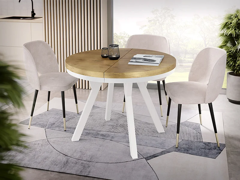 Table à Manger Extensible Ronde Designer - Style Loft, Peu Encombrant - Pieds Blanc - 100 à 200 cm - pour 5-10 personnes - Fabriqué en UE - Chêne Lancelot - 200 cm