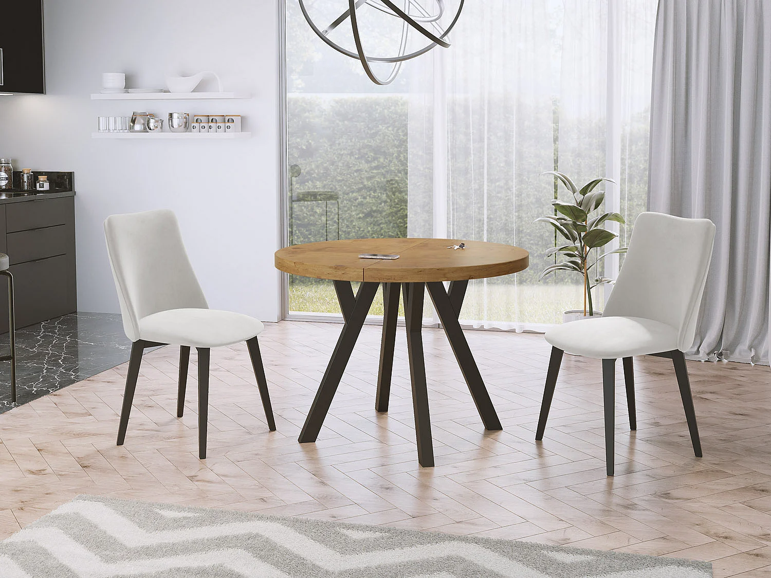 Designer Runder Ausziehbarer Esstisch - Loft-Stil, Platzsparend - Schwarze Beine - 90 bis 170 cm - für 4-8 Personen - Hergestellt in EU - Lancelot Eiche - 170 cm