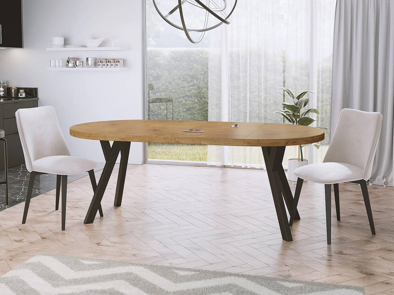 Designer Runder Ausziehbarer Esstisch - Loft-Stil, Platzsparend - Schwarze Beine - 90 bis 170 cm - für 4-8 Personen - Hergestellt in EU - Lancelot Eiche - 170 cm