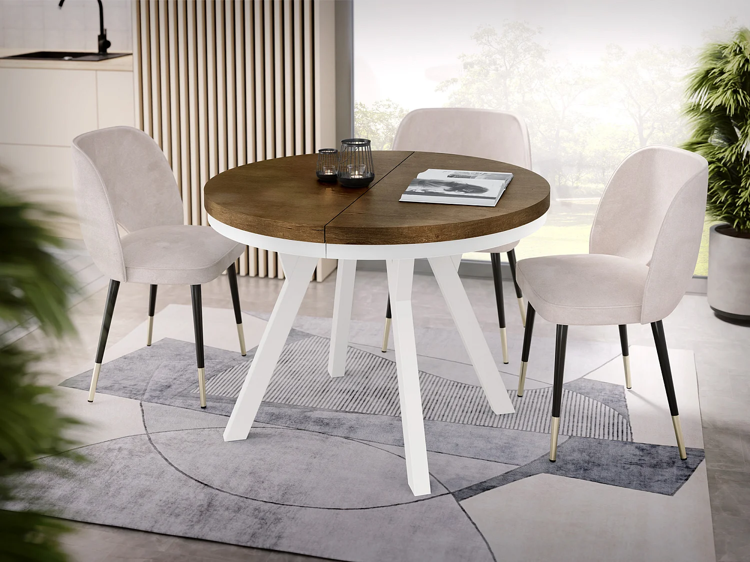 Table à Manger Extensible Ronde Designer - Style Loft, Peu Encombrant - Pieds Blancs - 100 à 150 cm - pour 5-8 personnes - Fabriqué en UE - Chêne Lefkas - 150 cm