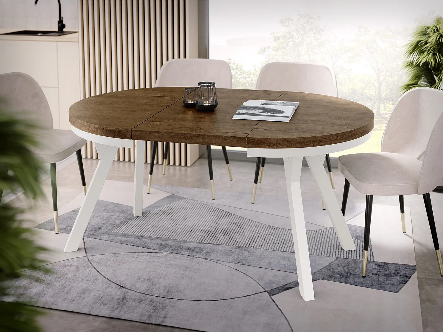 Table à Manger Extensible Ronde Designer - Style Loft, Peu Encombrant - Pieds Blancs - 100 à 150 cm - pour 5-8 personnes - Fabriqué en UE - Chêne Lefkas - 150 cm