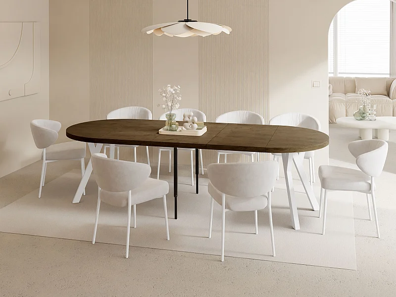 Table à Manger Ronde Extensible XXL Style Loft – 100 à 250 cm – Grande Table avec Pieds en Bois Blanc – Table Extra Longue pour 5 à 14 Personnes – Chêne Marron