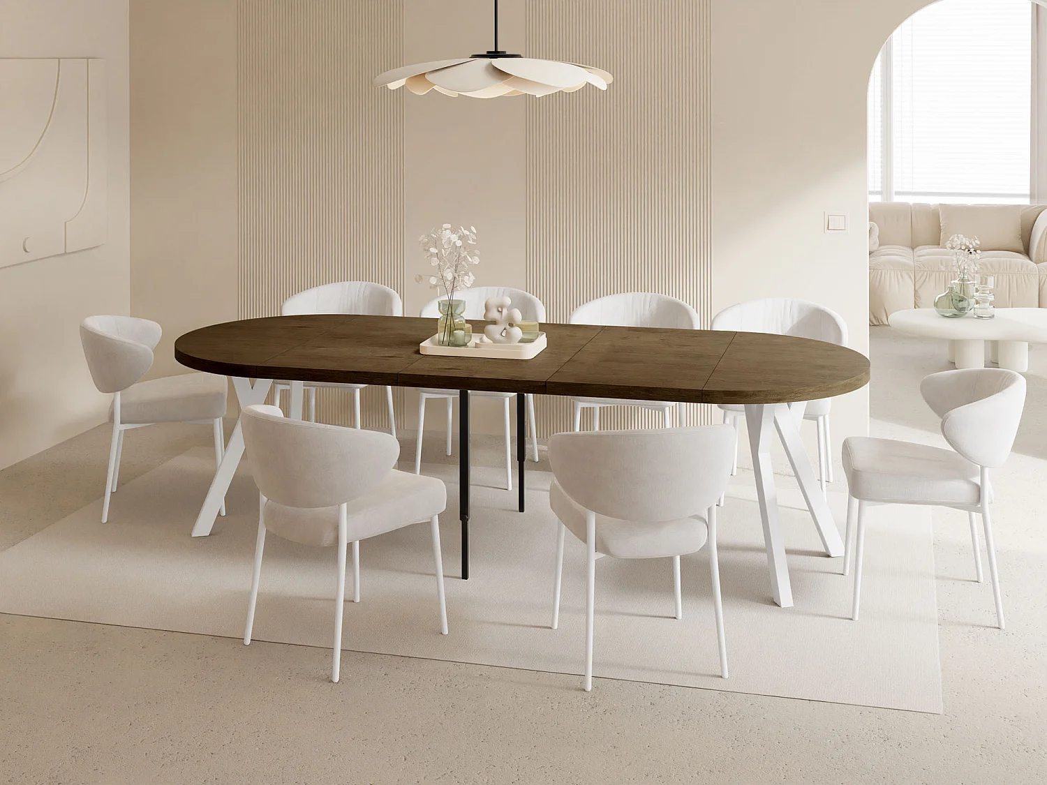 Table à Manger Ronde Extensible XXL Style Loft – 100 à 250 cm – Grande Table avec Pieds en Bois Blanc – Table Extra Longue pour 5 à 14 Personnes – Chêne Marron