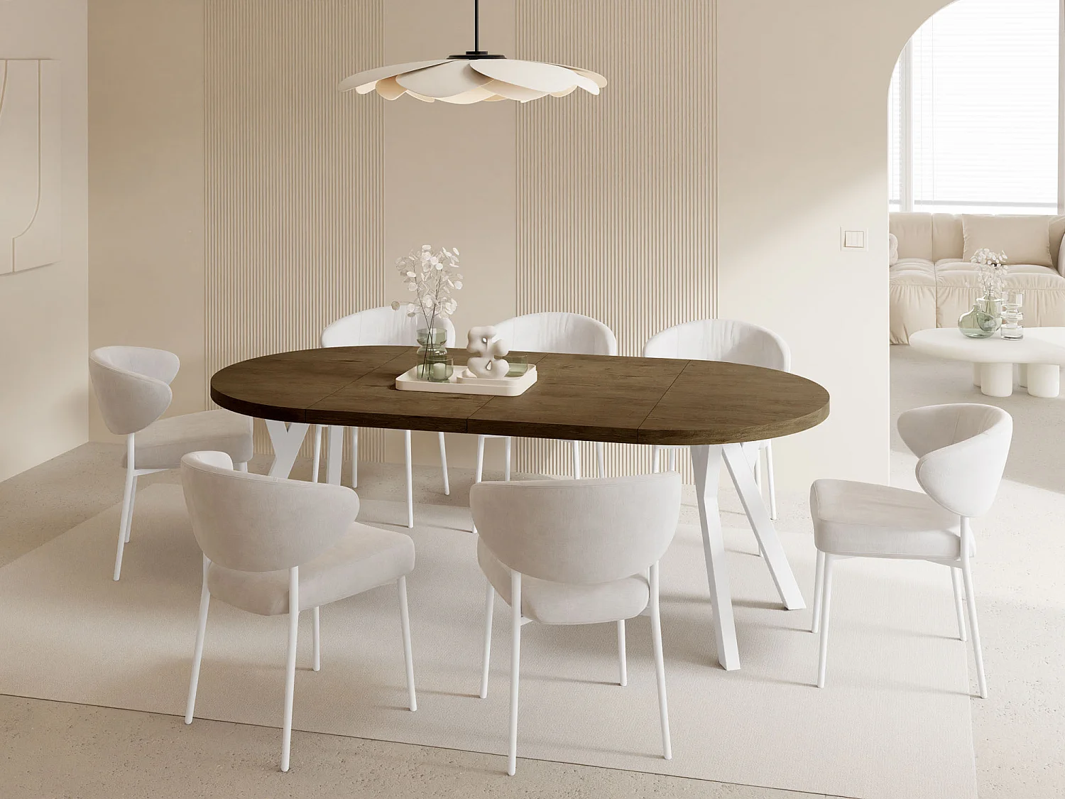 Table à Manger Ronde Extensible XXL Style Loft – 100 à 250 cm – Grande Table avec Pieds en Bois Blanc – Table Extra Longue pour 5 à 14 Personnes – Chêne Marron