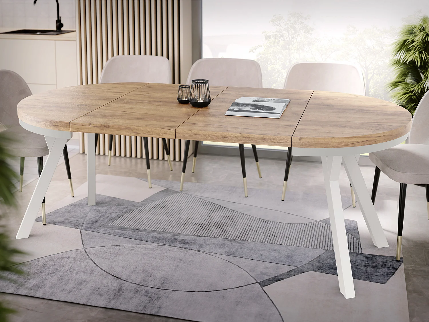 Table à Manger Extensible Ronde Designer - Style Loft, Peu Encombrant - Pieds Blanc - 90 à 170 cm - pour 4-8 Personnes - Fabriqué en UE - Chêne Lancelot - 170 cm