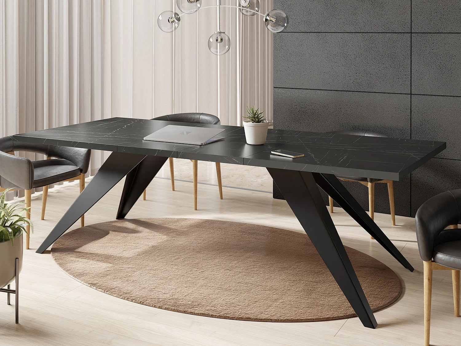 Table à Manger Vance Style Moderne - Table Rectangulaire Extensible de 160 à 260 cm, Pieds en Métal Noir Revêtement Poudre - 160 x 90 cm - Marbre Noir