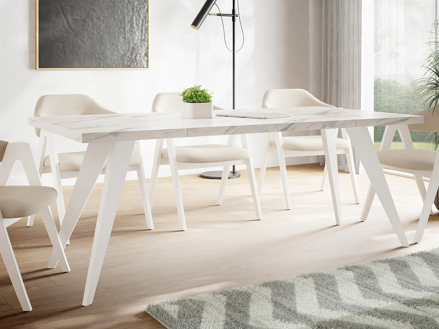 Table à Manger Carrée Extensible Quadro 100-200 cm - Table de Salle à Manger Industrielle avec Pieds Blancs pour 4-8 Personnes - Style Loft - Marbre Blanc