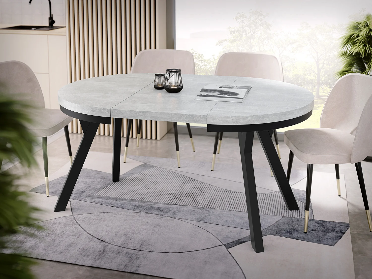 Table à Manger Extensible Ronde Designer - Style Loft, Peu Encombrant -  Pieds Noirs - 100 à 150 cm - Pour 5-8 personnes - Fabriqué en UE - Gris Béton - 150 cm
