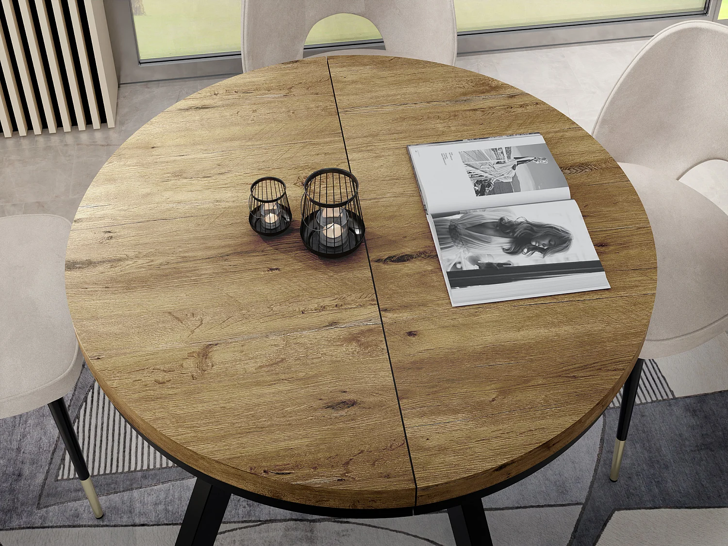 Table à Manger Extensible Ronde Designer - Style Loft, Peu Encombrant -  Pieds Noirs - 100 à 200 cm - Pour 5-10 personnes - Fabriqué en UE - Chêne Lancelot - 200 cm