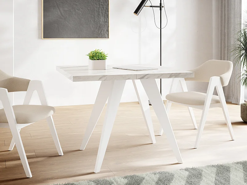 Table à Manger Carrée Extensible Quadro 100-150 cm - Table de Salle à Manger Industrielle avec Pieds Blancs pour 4-6 Personnes - Style Loft - Marbre Blanc