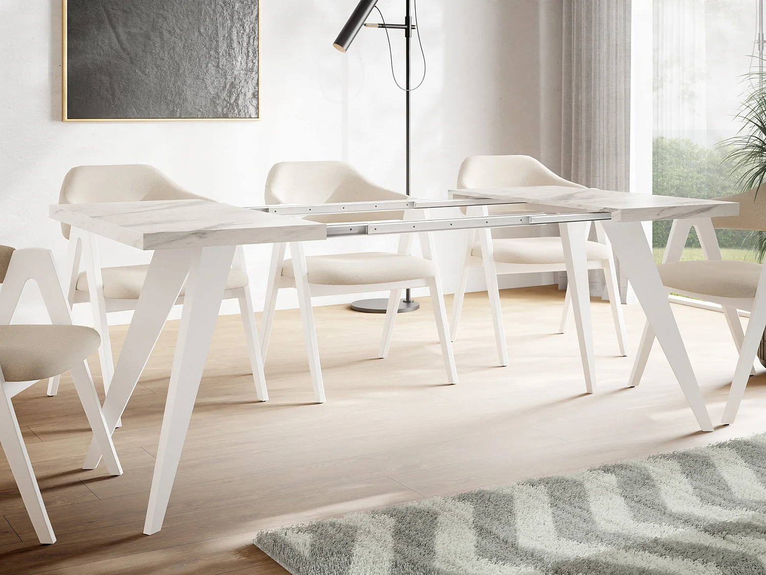 Table à Manger Carrée Extensible Quadro 100-150 cm - Table de Salle à Manger Industrielle avec Pieds Blancs pour 4-6 Personnes - Style Loft - Marbre Blanc