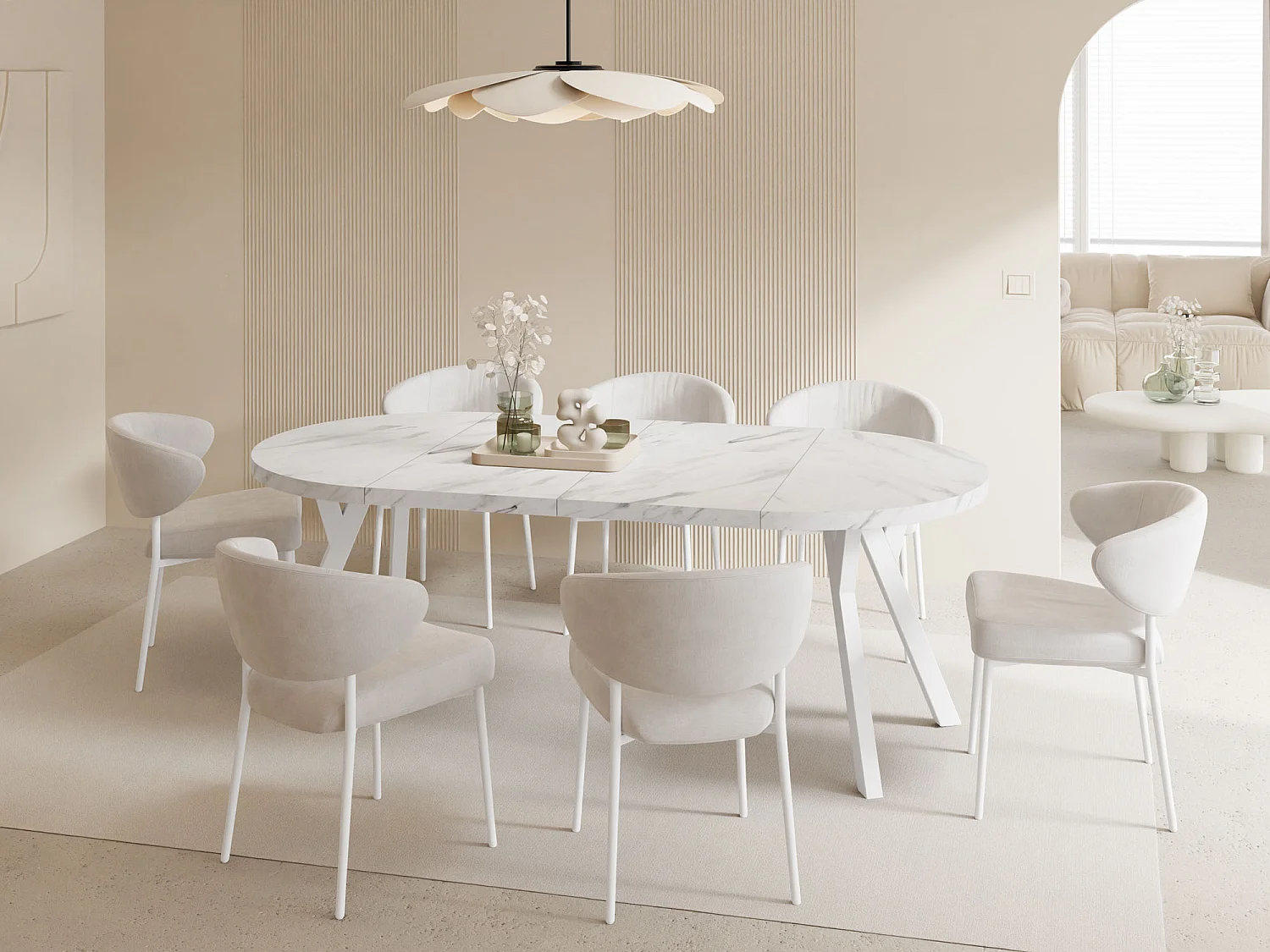 Table à Manger Ronde Extensible XXL Style Loft – 100 à 250 cm – Grande Table avec Pieds en Bois Blanc – Table Extra Longue pour 5 à 14 Personnes – Marbre Blanc