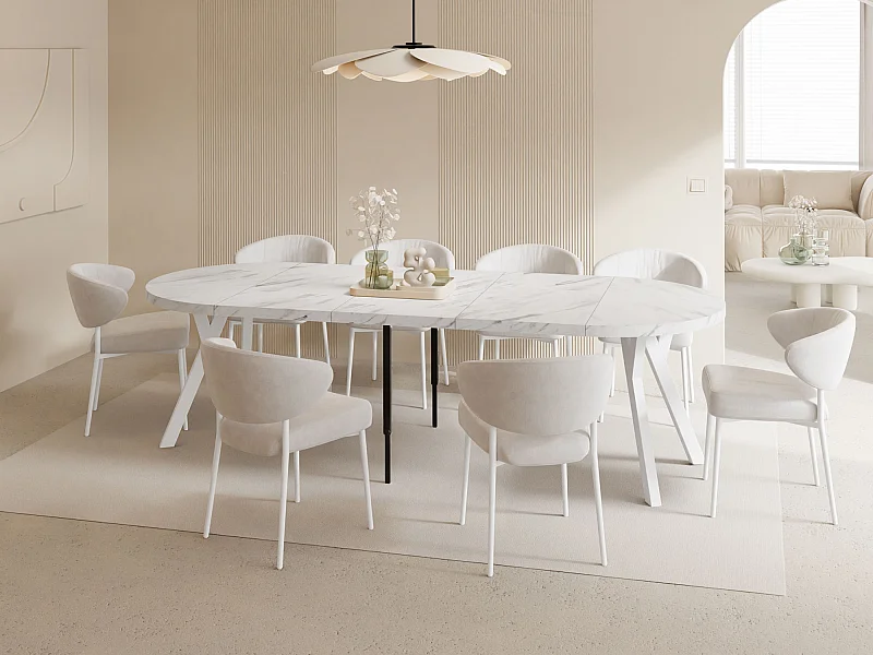 Table à Manger Ronde Extensible XXL Style Loft – 100 à 250 cm – Grande Table avec Pieds en Bois Blanc – Table Extra Longue pour 5 à 14 Personnes – Marbre Blanc