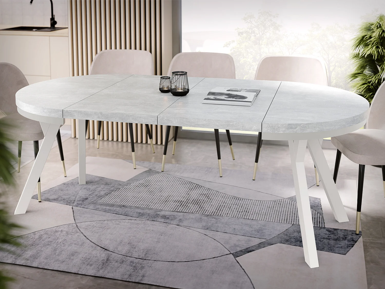 Table à Manger Extensible Ronde Designer - Style Loft, Peu Encombrant - Pieds Blanc - 100 à 200 cm - pour 5-10 personnes - Fabriqué en UE - Gris Béton - 200 cm
