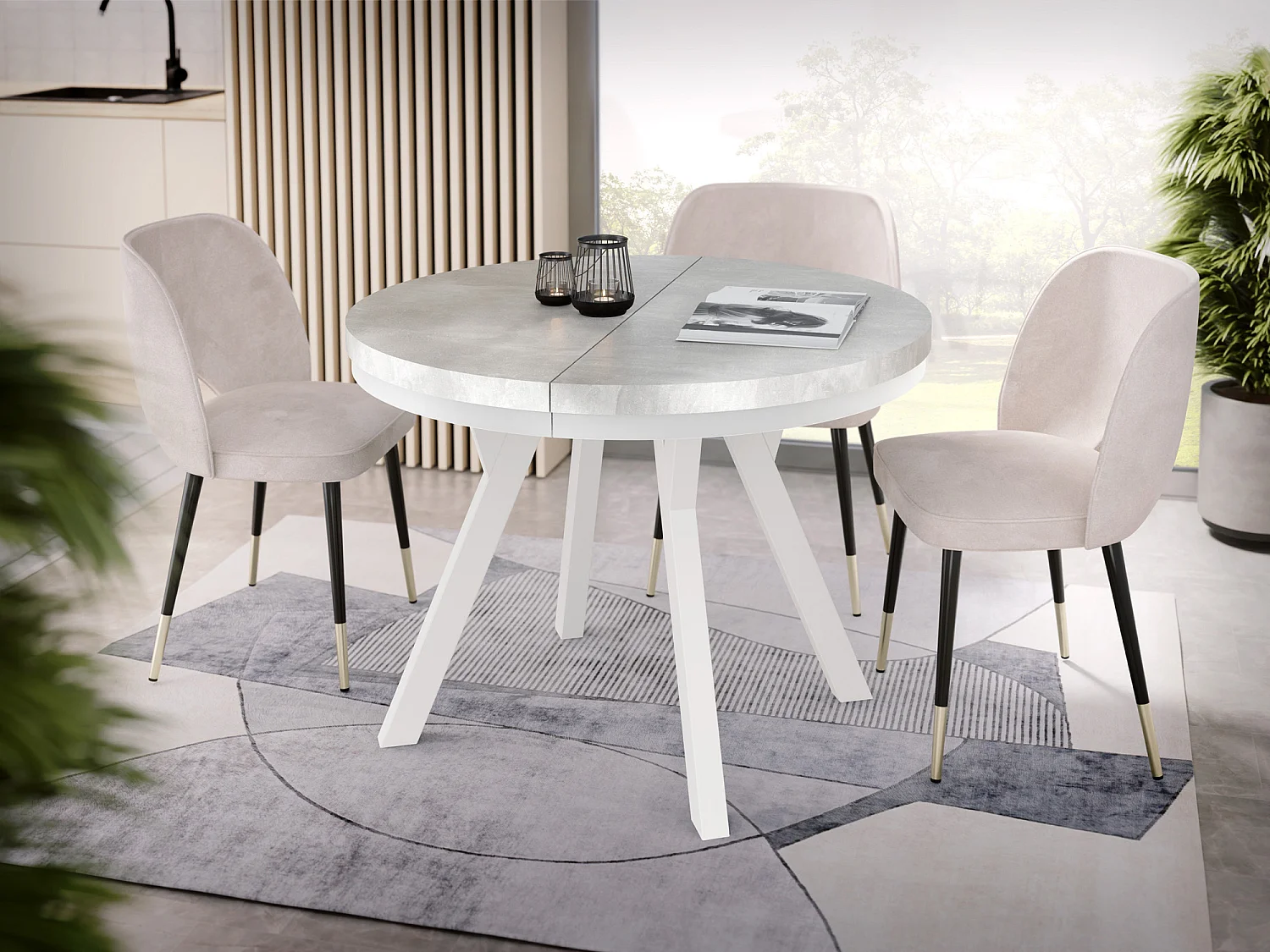 Table à Manger Extensible Ronde Designer - Style Loft, Peu Encombrant - Pieds Blanc - 90 à 170 cm - pour 4-8 personnes - Fabriqué en UE - Gris Béton - 170 cm