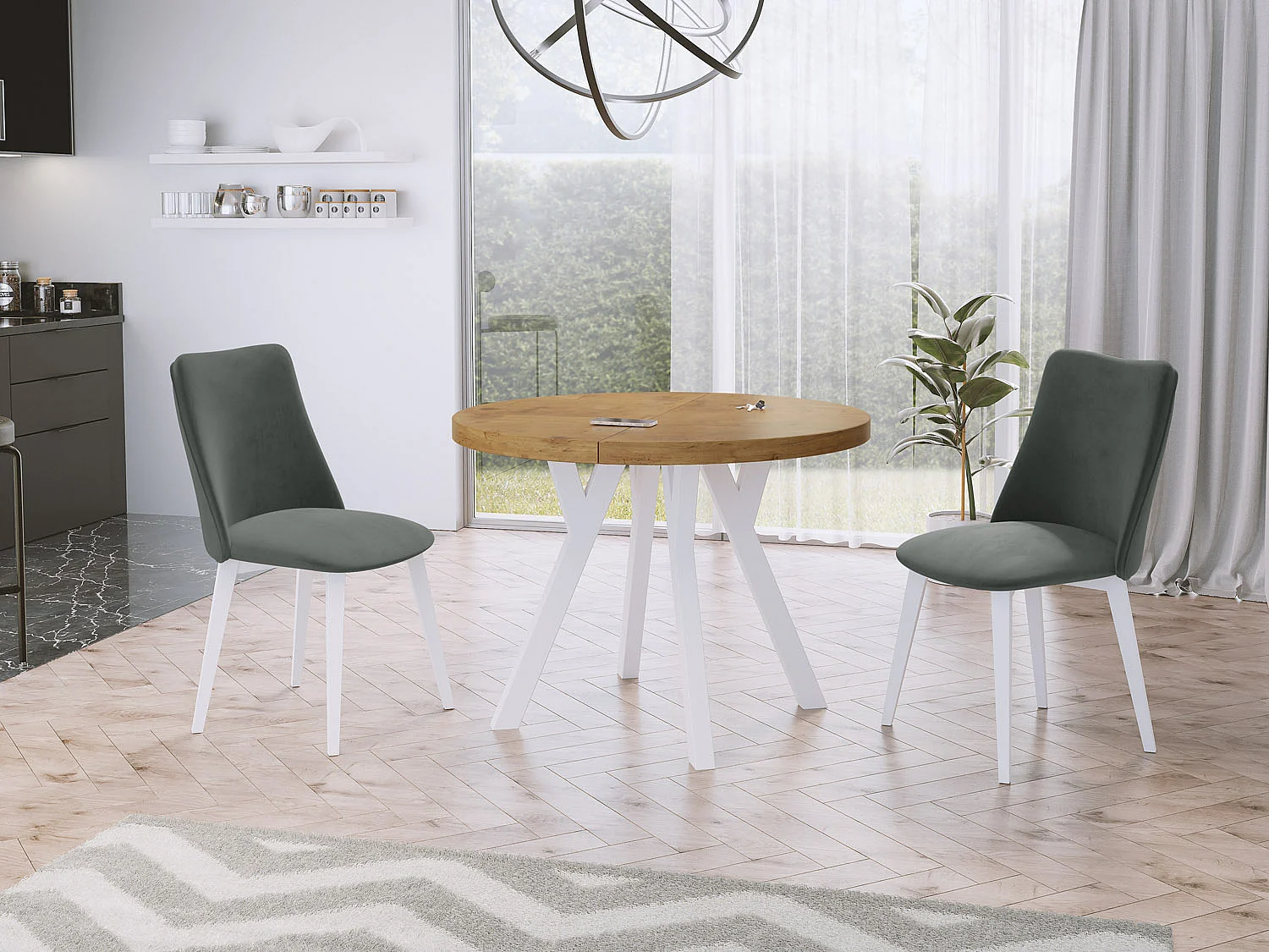 Table à Manger Extensible Ronde Designer - Style Loft, Peu Encombrant - Pieds Blanc - 90 à 170 cm - pour 4-8 personnes - Fabriqué en UE - Chêne Lancelot - 170 cm