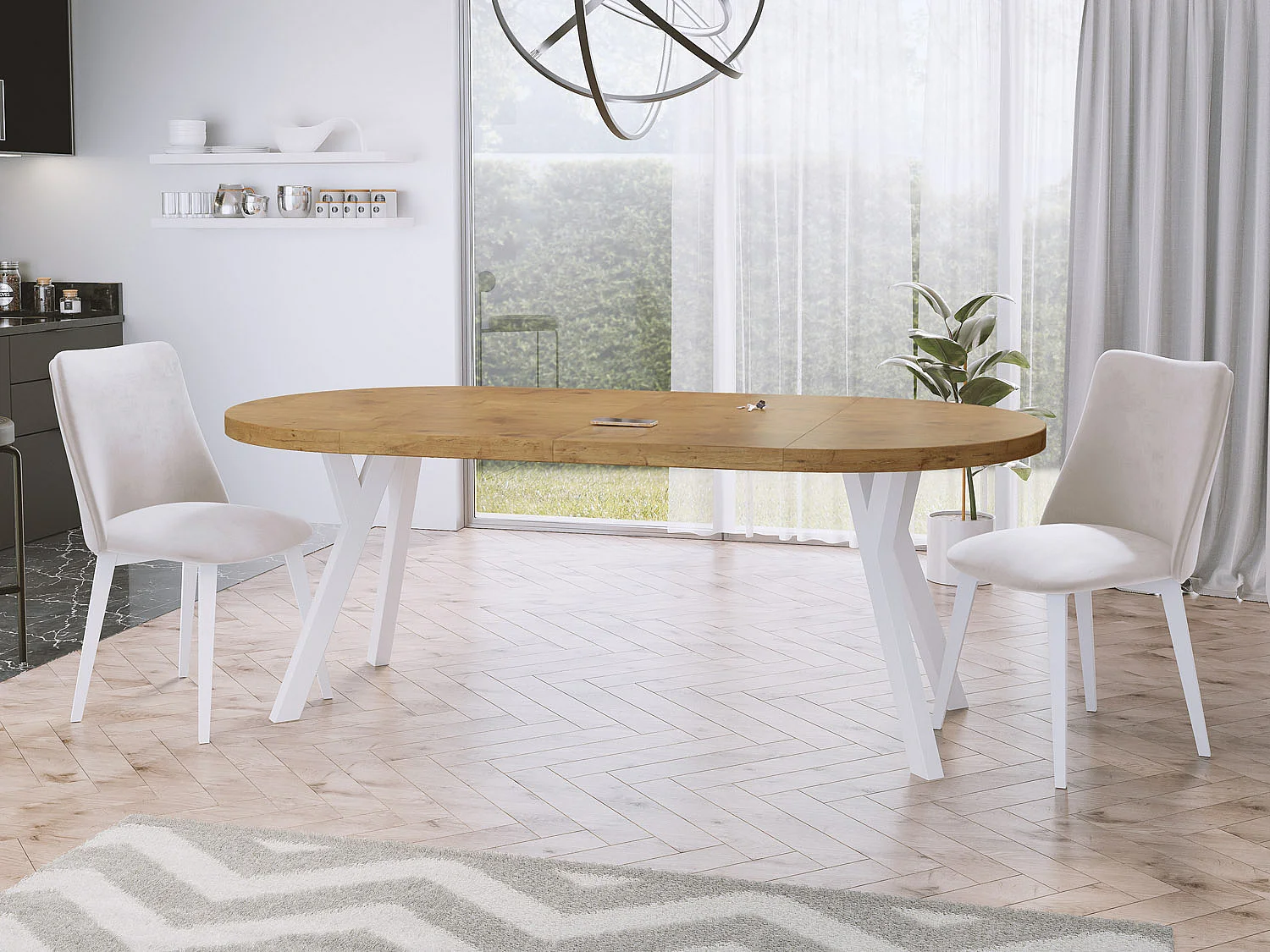 Table à Manger Extensible Ronde Designer - Style Loft, Peu Encombrant - Pieds Blanc - 90 à 170 cm - pour 4-8 personnes - Fabriqué en UE - Chêne Lancelot - 170 cm